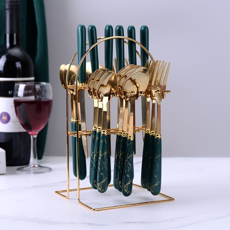 Cross-border Stainless Steel Tableware Marble Handle Hotel Steak Knife, Fork, Spoon and Tea Spoon 24-piece Storage Rack suit(Dark green Black green = Micro thick/water polished/plastic handle) - Image 1